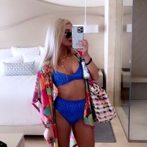 Vibrant Blue Bikini with Colorful Cover-Up